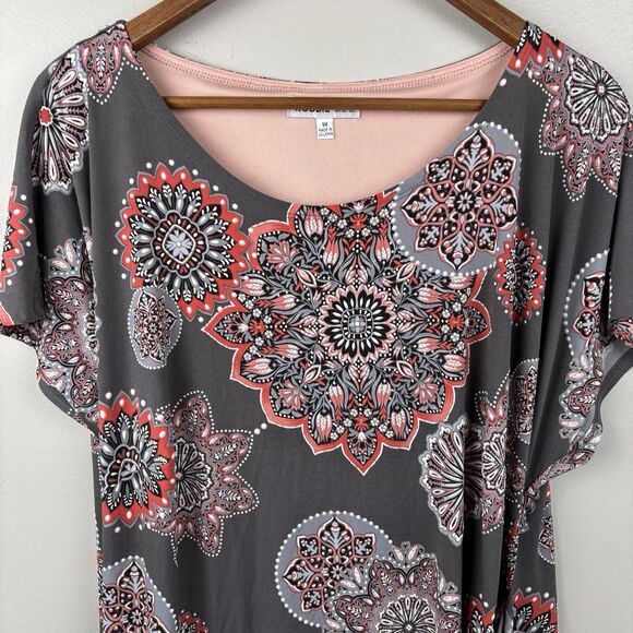 Robbie Bee Floral Medallion Wrap Dress Size 1X Gray Coral Pink Short Sleeve - Picture 11 of 11